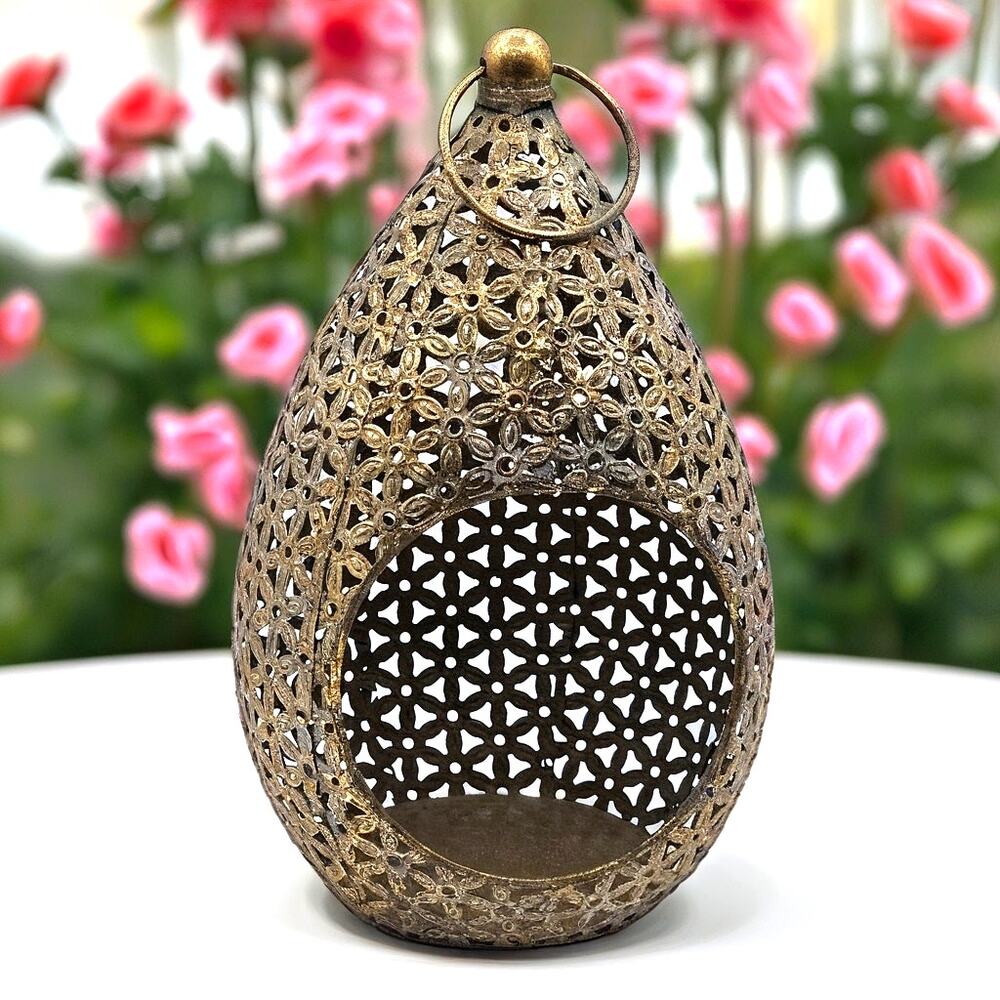 Moroccan Teardrop Hanging Lantern Gold Metal Floral Cutout Vintage Style 13x7